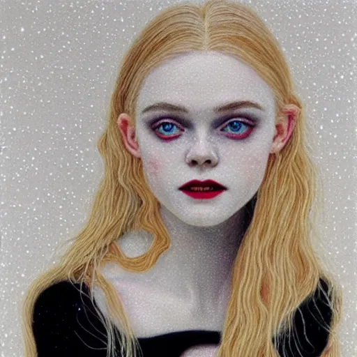 Prompt: Painting of Elle Fanning as a vampire, long blonde hair, delicate, pale milky white porcelain skin, pointillism. 8K. Extremely detailed.