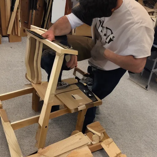 Image similar to First chair being made by caveman