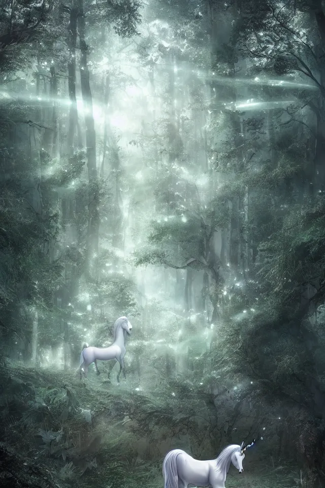 Prompt: there is a silver unicorn in the forest, unicorns around the shimmering light, fireflies flying in the forest, the dreamy crystal atmosphere ， super wide angle ， matte painting ， rtx on ， trending on cgsociety and artstation, volumetric light ， surreal