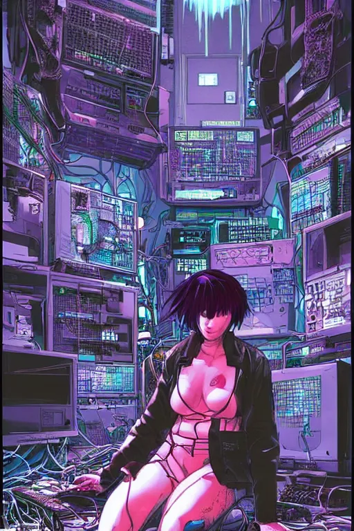 Image similar to hypedetailed cyberpunk illustration of motoko kusanagi seated on her knees in a tech lab, with messy wires and cables coming out of her head and back, by masamune shirow and katsuhiro otomo, colorful, complex, centered, wide angle, back view