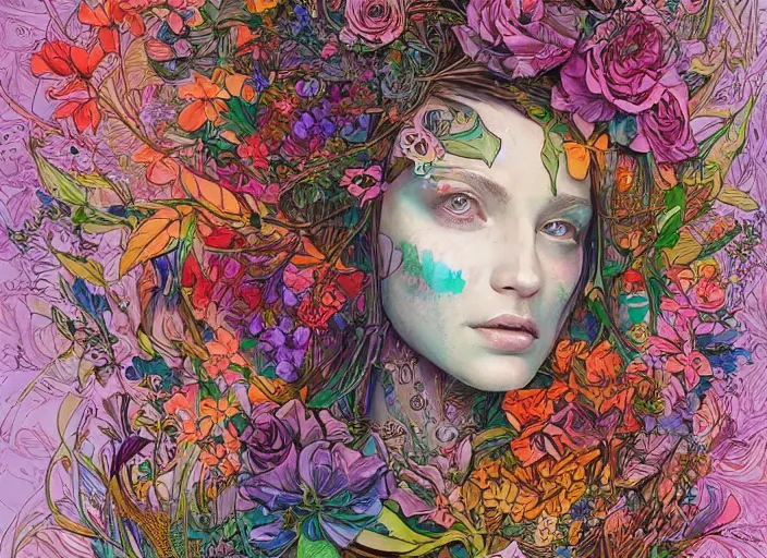 Prompt: a painting of a beautiful cyborg girl with a lot of flowers and plants on its head, poster art by android jones, behance contest winner, generative line art, made of flowers, grotesque, concert poster