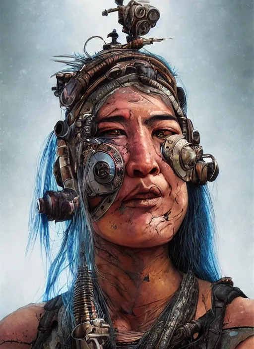 Prompt: hyper realistic photography portrait of postapocalyptic cyberpunk asian cyborg tribal warrior amazon cinematic, muppet show, brom, mucha, moebius juan gimenez artstation, cgsociety