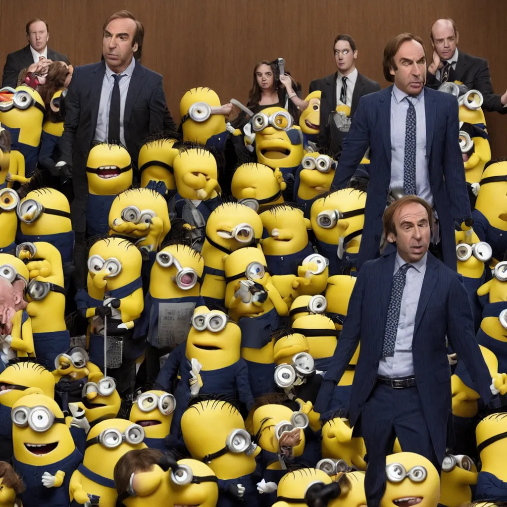 Prompt: Saul Goodman defending the minions in court