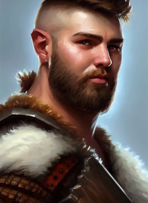 Image similar to a _ fantasy _ style _ portrait _ painting _ of chubby white barbarian male very short hair short stubble, brown hair, rpg dnd oil _ painting _ unreal _ 5 _ daz. _ rpg _ portrait _ extremely _ detailed _ artgerm _ greg _ rutkowski _ greg