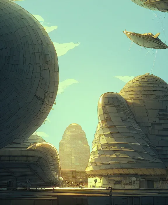 Prompt: simplicity, three buildings made out of nautilus, in the style of a spaceship, partly cloudy, dramatic lighting, by geof darrow, bill sienkiewicz, dan mumford, yusuke murata, makoto shinkai, ross tran, cinematic, unreal engine, cel shaded, featured on artstation, pixiv