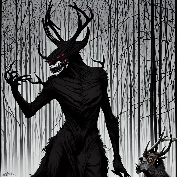 Prompt: style artgerm, joshua middleton, rafael albuquerque : : scary wendigo with antlers and skull face mixed with werewolf : : [ [ beautiful witch wearing a black dress, symmetrical face, on the right side ] ] : : in the forest, detailed, dark and foggy, cinematic lighting
