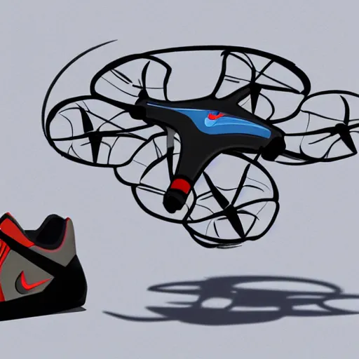 Prompt: Quadrocopter flying nike sneakers, product concept art, detailed