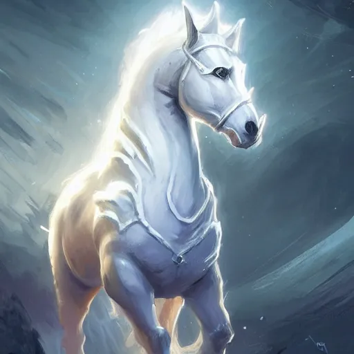 Image similar to a giant white chess horse piece, glowing chess horse pawn, glowing chess horse knight, chess horse knight, chess knight, chess knight, battlefield background, bright art masterpiece artstation. 8 k, sharp high quality artwork in style of jose daniel cabrera pena and greg rutkowski, concept art by tooth wu, hearthstone card game artwork, chess horse