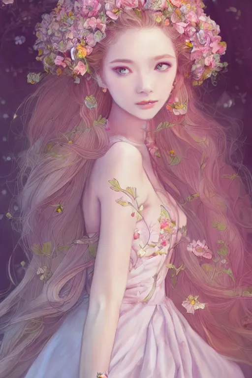 Image similar to romantic and fashion and love princess of the flower with sheath dress, 8 k realistic, teenager girl, baroque, symmetrical, flowing hair, smile, trending pinterest and pixiv, muted colors, hyperrealistic, l close up shot, character concept art, face by kyoung hwan kim, alexandra fomina, ilya kuvshinov