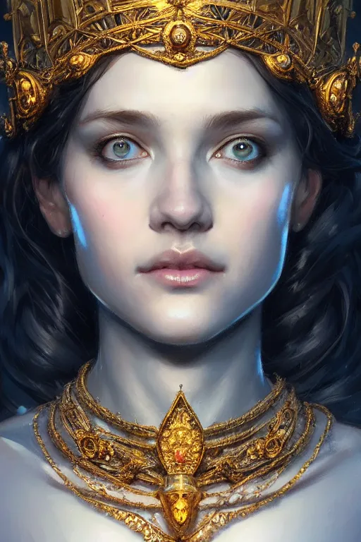 Image similar to highly detailed portrait of an elegant goddess, ornate crown, beautiful symmetrical face, digital painting, artstation, concept art, smooth, clear focus, illustration, greg rutkowski, artgerm, global lighting, detailed and fantasy