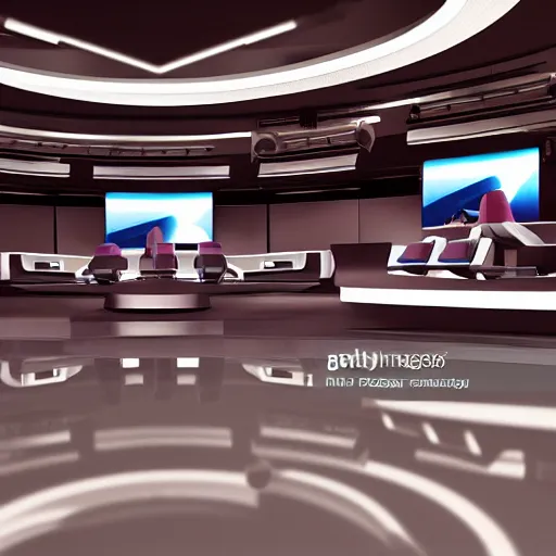 Prompt: futuristic news studio, concept art, wide lens, cinematic composition, iterior, detail