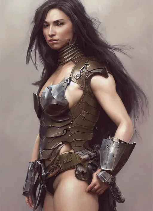 Prompt: a professional photographic portrait of a beautiful young female, partially clothed in battle armor, olive skin, long dark hair, beautiful bone structure, symmetrical facial features, intricate, elegant, digital painting, concept art, smooth, sharp focus, illustration, beautifully framed, from Metal Gear, by Ruan Jia and Mandy Jurgens and Artgerm and William-Adolphe Bouguerea