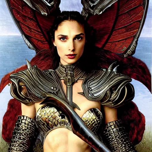 Image similar to head and shoulders portrait of an armored erinyes devil with huge bat wings, portrayed by gal gadot, d & d, fantasy, luis royo, magali villeneuve, donato giancola, wlop, krenz cushart, hans zatka, klimt, alphonse mucha