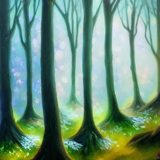Prompt: enchanted forest trees with leaves made of crystal, fairytale, ethereal, mist and fog, david attenborough nature documentry, oil painting, bright colours, oil on canvas