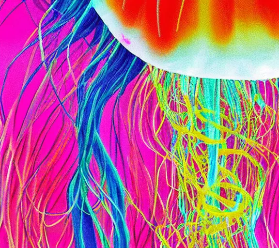 Prompt: abstract beautiful japanese woman jellyfish silk clothing colorful wind
