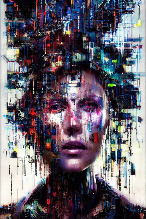 Image similar to portrait, headshot, digital painting, an delightfully crazy techno - shaman lady in circuit electronic mask, synthwave, glitch, pixel sort, fracture, realistic, hyperdetailed, chiaroscuro, concept art, art by john berkey