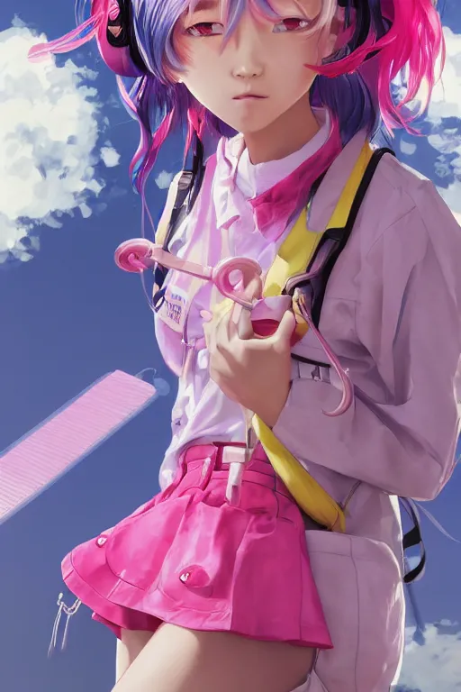 Image similar to lovely japanese girl, pink hair covered with hairpins, big eyes, yellow lolita jacket, huge schoolbag, pink shorts, inflatable sandals. future technology,, fantasy art by saruei and guweiz and ilya kuvshinov, sleek curves, intricate sharp focus, trending on artstation hq, deviantart, pinterest, unreal engine 5, 4 k uhd image