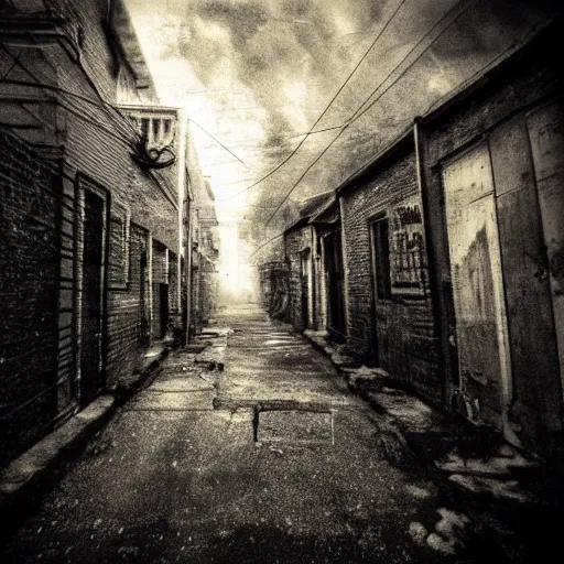 Prompt: creepypasta photo of a dark alleyway, a shadowy monster photoshopped into the picture in the style of trevor henderson