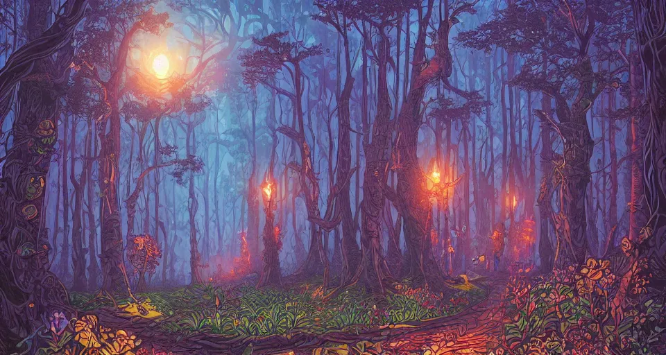 Image similar to Enchanted and magic forest, by dan Mumford