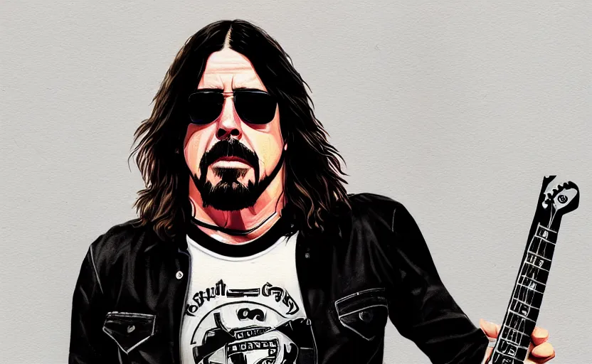 Prompt: dave grohl in gta v covert art painted by stephen bliss, centered, uncropped, full body, symmetrical face, crispy, trending on artstation, deviantart