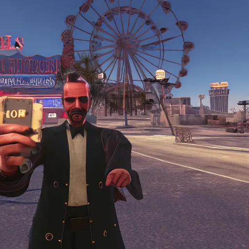 Image similar to Mr House from Fallout New Vegas, taking a selfie on the Las Vegas Strip, real, 8k,