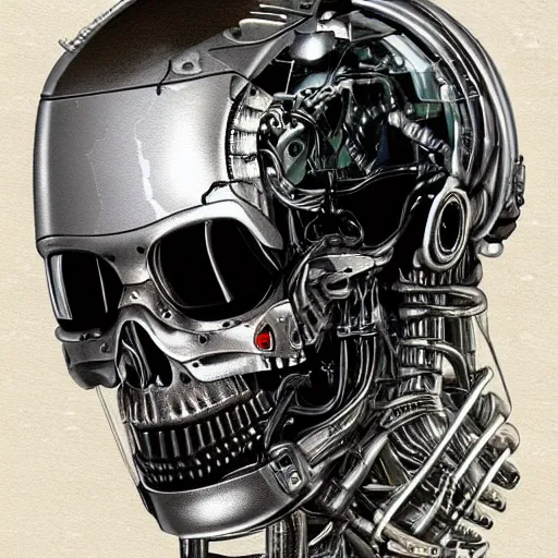 Image similar to super detailed portrait of a terminator's head, packed with cybernetics and and borg enhancements