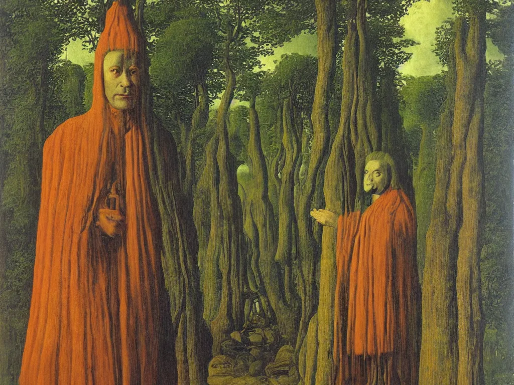 Prompt: Portrait of melancholic non gendered person coming from the future in spiked cloth. Background with the giant totemic forest. Sleepless night. Painting by Jan van Eyck, Rene Magritte, Jean Delville, Max Ernst, Maria Sybilla Merian