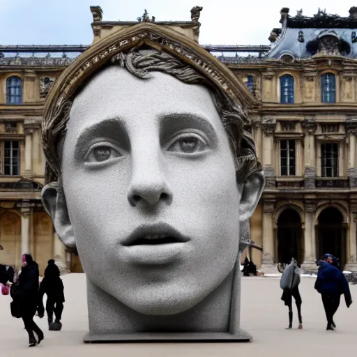 Image similar to the giant sculpture of Timothee Chalamet's head outside of the Louvre