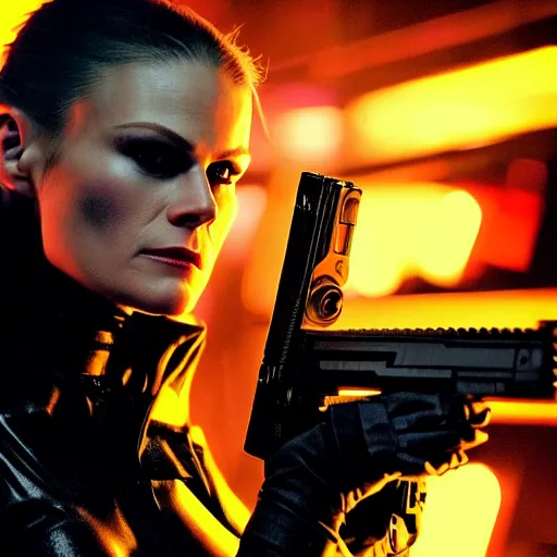 Image similar to anna paquin starring in a cyberpunk movie in a distopic futuristic city in the style of bladerunner, wearing a black catsuit, holding a gun, movie still, highly detailed, rainy night, volumetric lights, studio lighting, dramatic, scifi, sharp focus