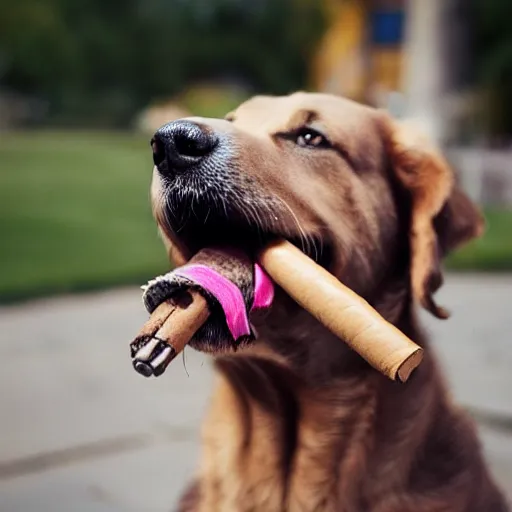 Prompt: photo of dog with cigar in mouth