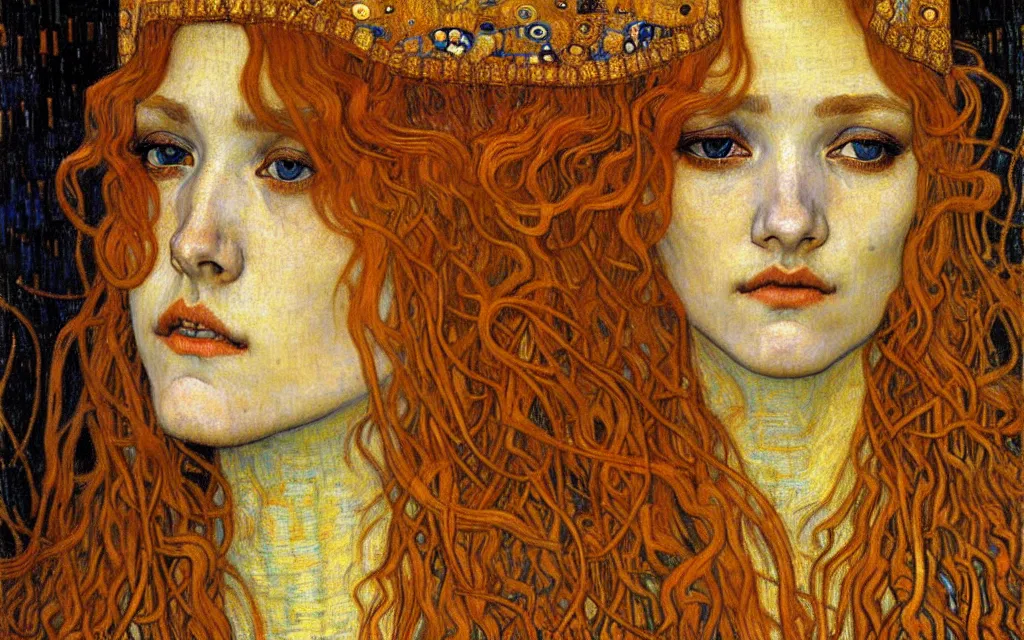 Image similar to detailed realistic beautiful young medieval queen face portrait by jean delville, gustav klimt and vincent van gogh, art nouveau, symbolist, visionary, gothic, pre - raphaelite, muted earthy colors, desaturated