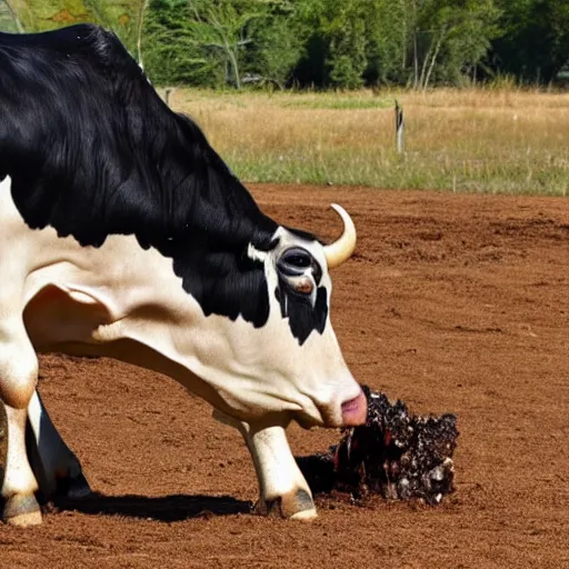 Prompt: a cow sucking on its own udders