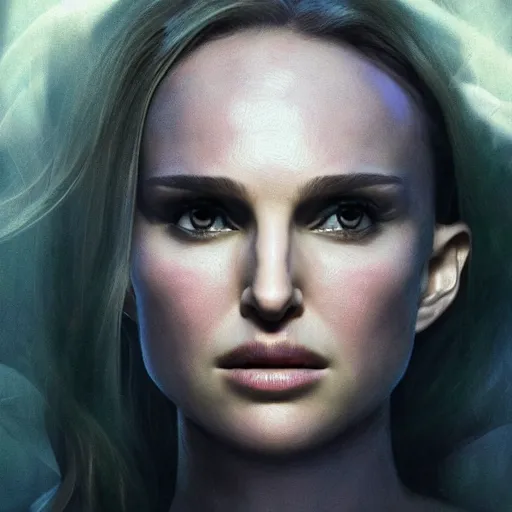 Image similar to natalie portman as arcane character, concept portrait, detailed expression, high quality, cinematic lighting, fantasy, reflective, spotlight, digital artwork