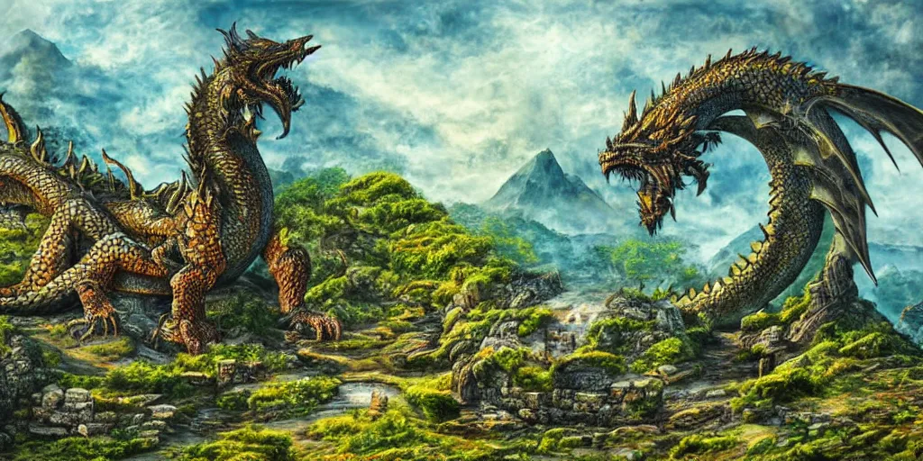 Image similar to Giant dragon rests on top of ancient ruins, realistic dragon scales, full length dragon, columns, distant waterfall, distant mountains, ancient ruin, overgrown, blue green yellow colors, detailed oil painting