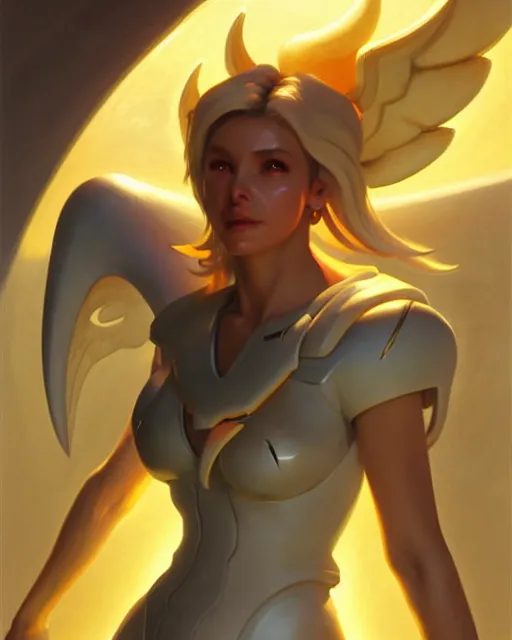 Image similar to mercy from overwatch, radiant light, caustics, by boris vallejo, gaston bussiere, bayard wu, greg rutkowski, giger, maxim verehin