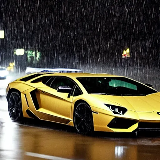 Prompt: Walter White driving a Lamborghini Aventador in the rain at night in the city