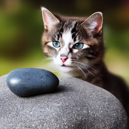 Image similar to cute cat with a dog body purring in front of a large rock, 8 k