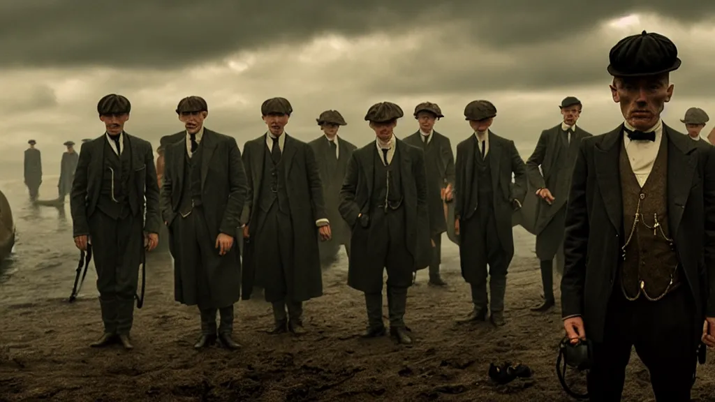 Prompt: the peaky blinders crew with shrimp heads coming out of the ocean film still from the movie directed by denis villeneuve with art direction by zdzis