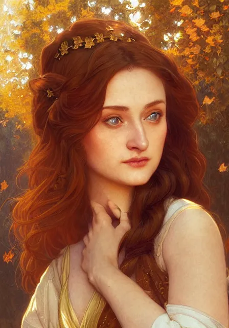 Prompt: sansa stark gold lights sunny autumn, intricate, elegant, highly detailed, digital painting, artstation, concept art, smooth, sharp focus, illustration, art by artgerm and greg rutkowski and alphonse mucha and william - adolphe bouguereau