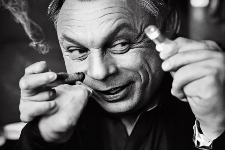 Prompt: viktor orban drinking champagne, smoking cigar, laughing hard, highly detailed face, by peter lindbergh