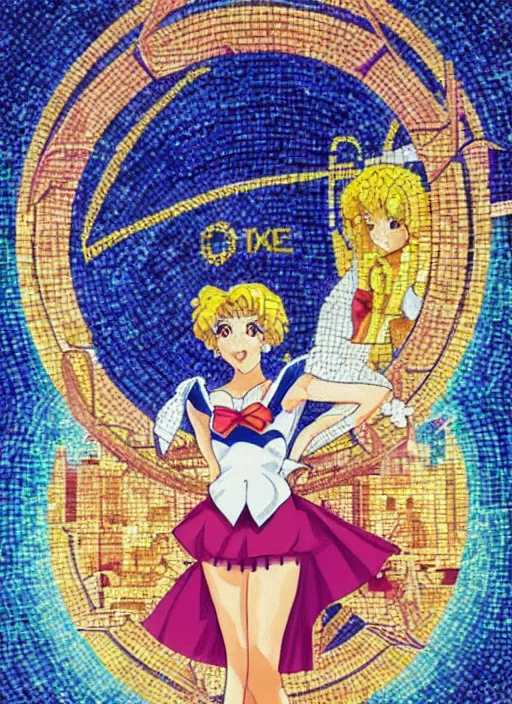 Image similar to perfectly centred portrait of sailor moon, looking in the mirror, in a business suit, futuristic, highly detailed, sharp focus, byzantine mosaic