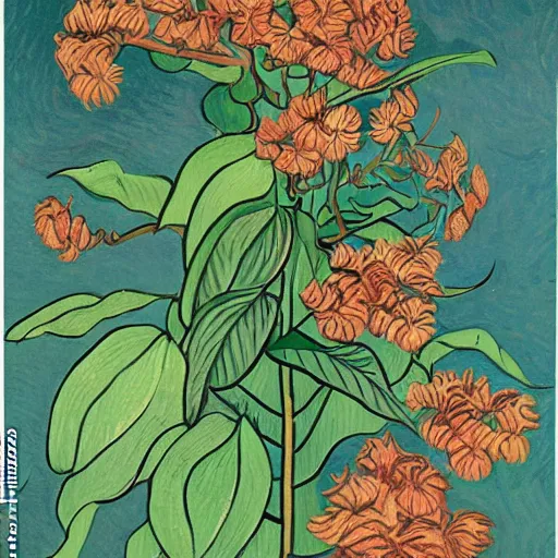 Image similar to a colorful illustration of the coffee plant and flowers, detailed patters, in the style of Japanese illustration, Van Gogh, Matisse, Caravaggio