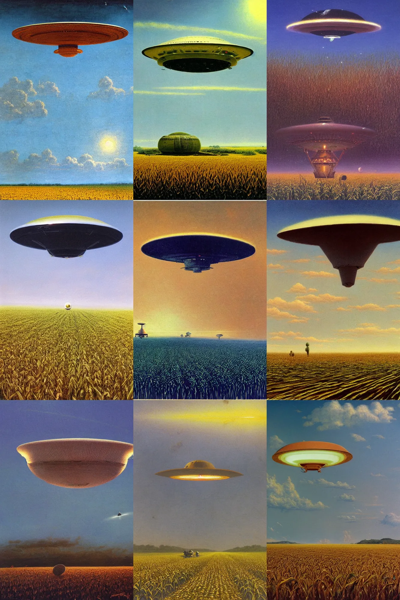 Prompt: a ufo landing on corn field, painted by bruce pennington, very detailed, stunning, 8 k, high quality