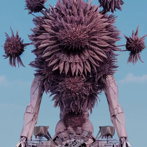 Image similar to highly detailed 3d render of burning man festival sculpture with cornflowers by Beeple