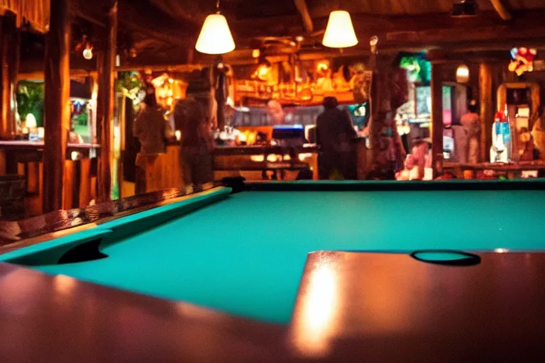 Image similar to clear pipeline transporting chunky liquid across a pool table in a tiki bar 55mm scene from a tv show 55mm