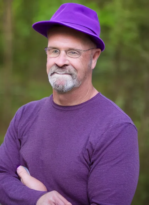 Prompt: portrait photo still of real life craig tucker wearing a purple hat and purple clothes, 8 k, 8 5 mm, f. 1 4