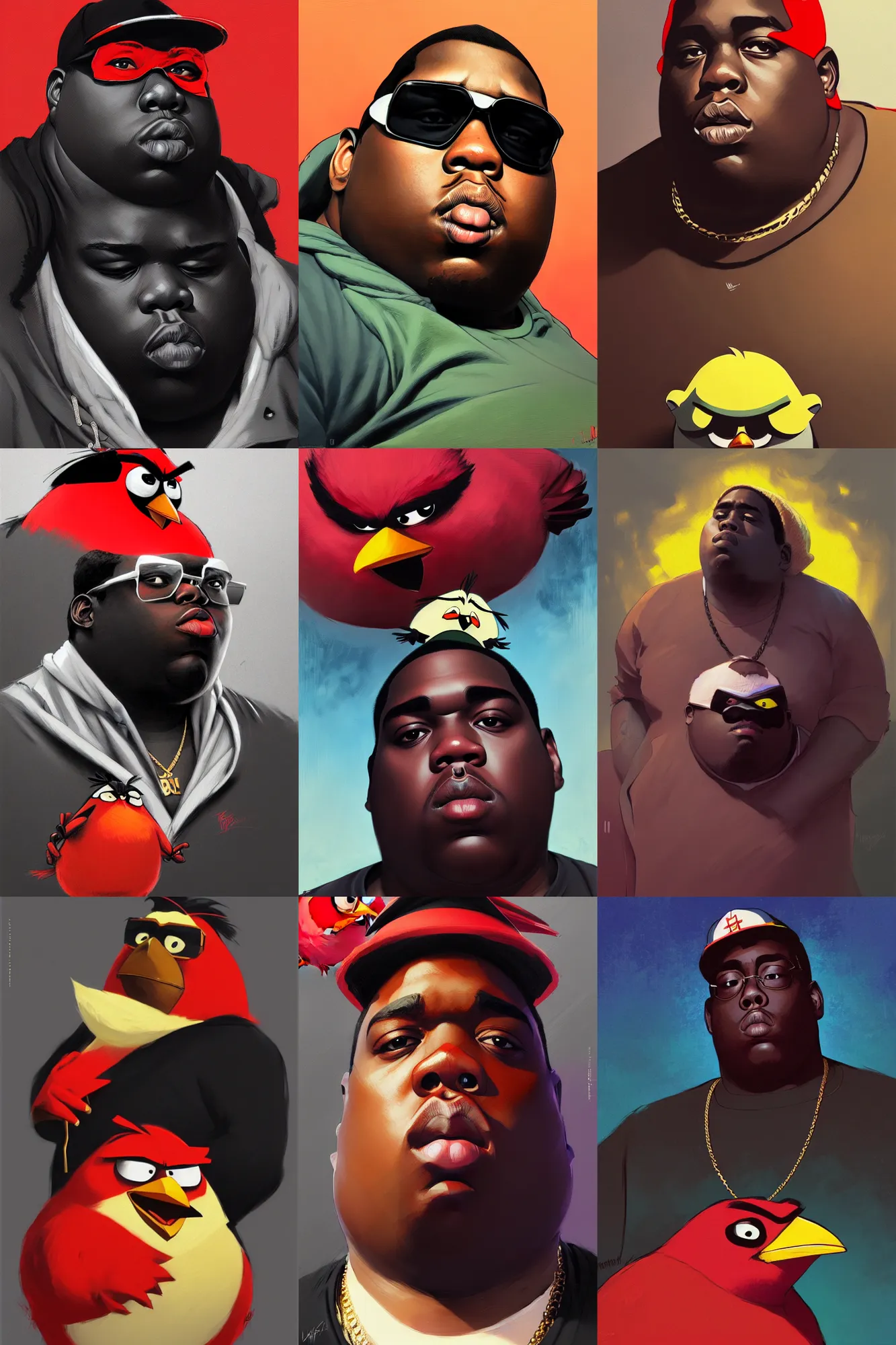 Prompt: the notorious b. i. g. as an angry bird, anime, flattened, squashed, shaded lighting poster by magali villeneuve, jeremy lipkin and michael garmash, rob rey and kentaro miura style, trending on art station