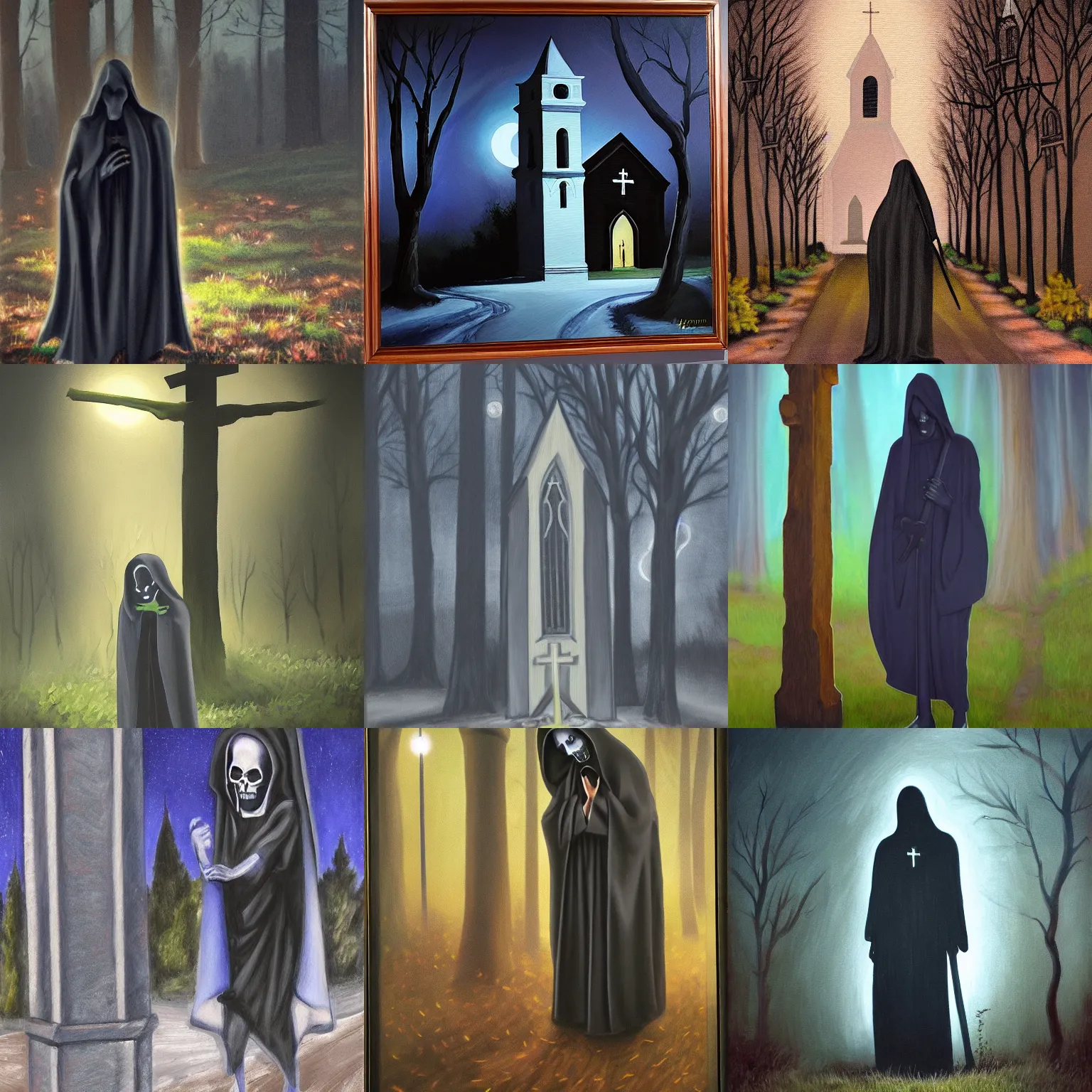 Prompt: grim reaper outside a church in the woods at night, hyperrealistic painting