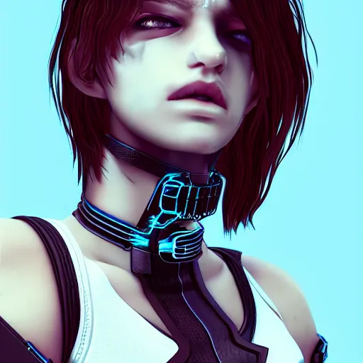 Prompt: female character cyberpunk wearing technological collar around neck, realistic, art, beautiful, 4K, collar, choker, collar around neck, punk, artstation, detailed,