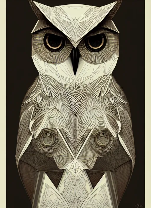 Image similar to portrait of a geometric owl, identical eyes, medium shot, illustration, full body made of white feathers, symmetrical, art stand, super detailed, cinematic lighting, and its detailed and intricate, gorgeous, by peter mohrbacher